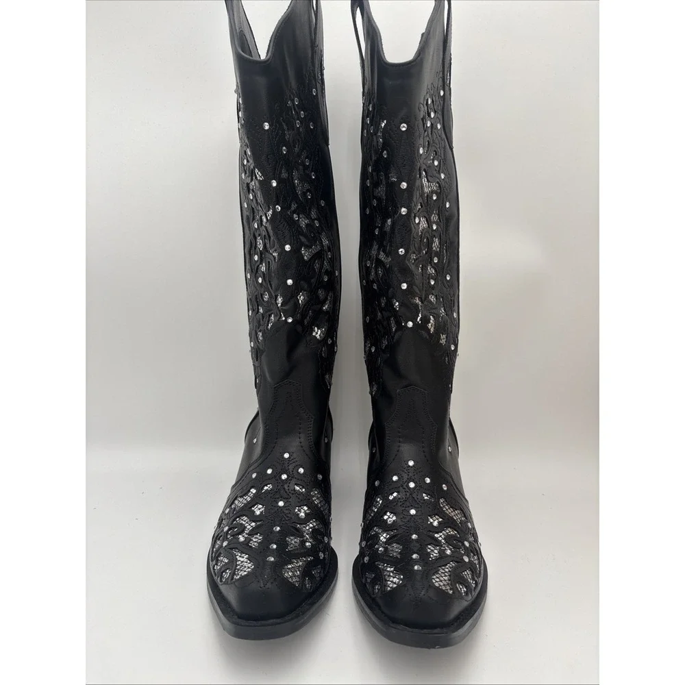 Rhinestone Crystal Women's Cowboy Boots- Mid Calf To Knee‎ High Size 7.5